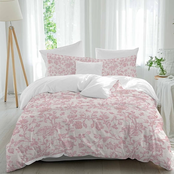 3 Piece Farmhouse Pink Duvet Cover Set California King,Microfiber Comforter/Quilt Cover with Corner Ties and 2 Pillowcases,Vintage Flower Leaf Botanical Plant All Season Bedding with Zipper Closure