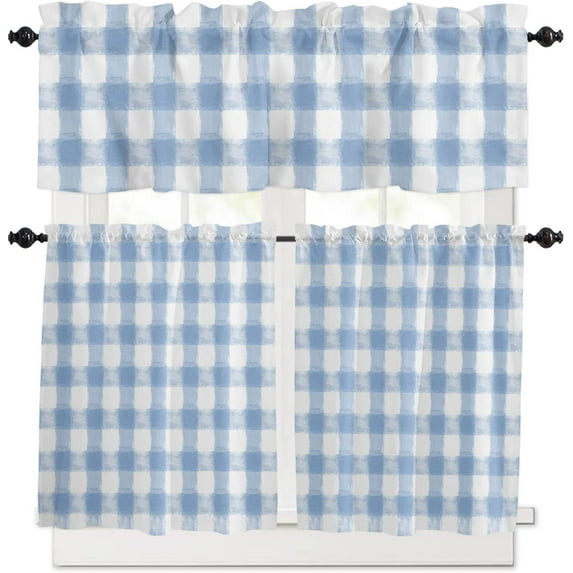 3 Piece Farmhouse Sky Blue Kitchen Curtains, Tier and Valance Rod Pocket Window Curtains Set Watercolor Buffalo Check Grid Cafe Curtains for Kitchen Valances Window Treatment 54X18in+27x24in×2