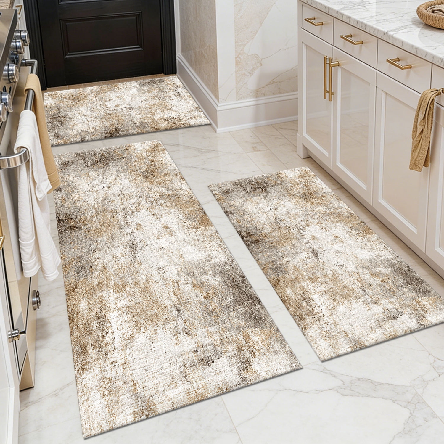 3-Piece Farmhouse Striped Kitchen Rug Set Anti-Slip Backing, Machine Washable Distressed Floor Mats for Kitchen Hallway Bathroom Laundry Room Christmas Decor