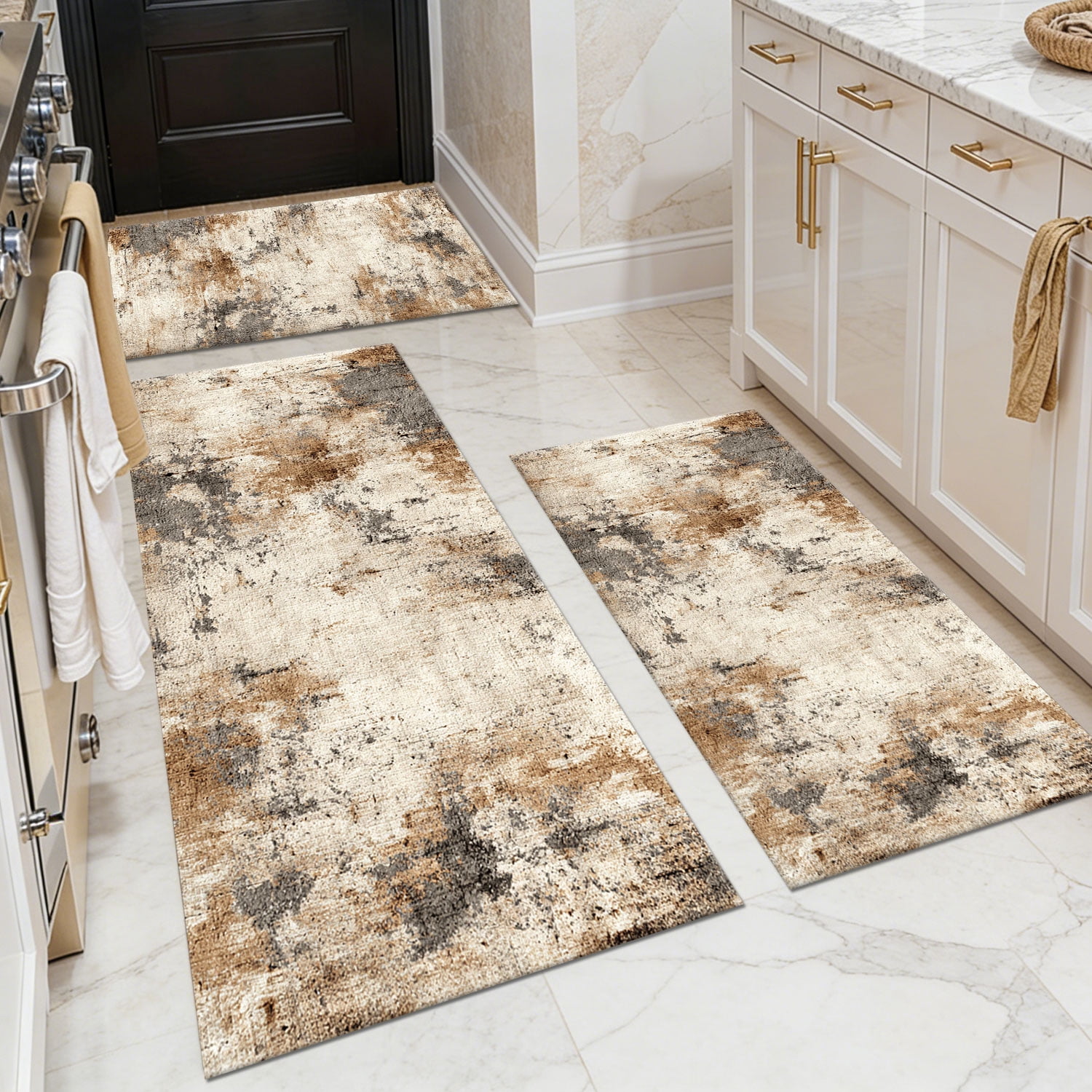 3-Piece Farmhouse Striped Kitchen Rug Set Anti-Slip Backing, Machine Washable Distressed Floor Mats for Kitchen Hallway Bathroom Laundry Room Christmas Decor