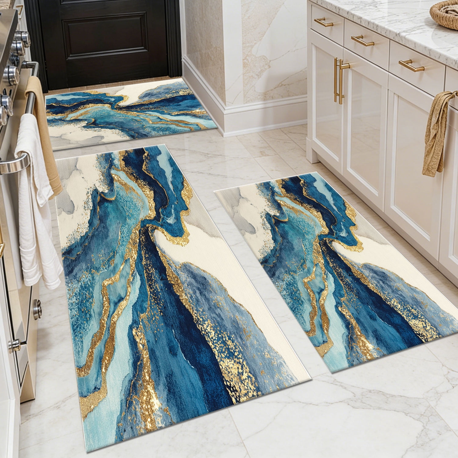 3-Piece Farmhouse Striped Kitchen Rug Set Anti-Slip Backing, Machine Washable Distressed Floor Mats for Kitchen Hallway Bathroom Laundry Room Christmas Decor