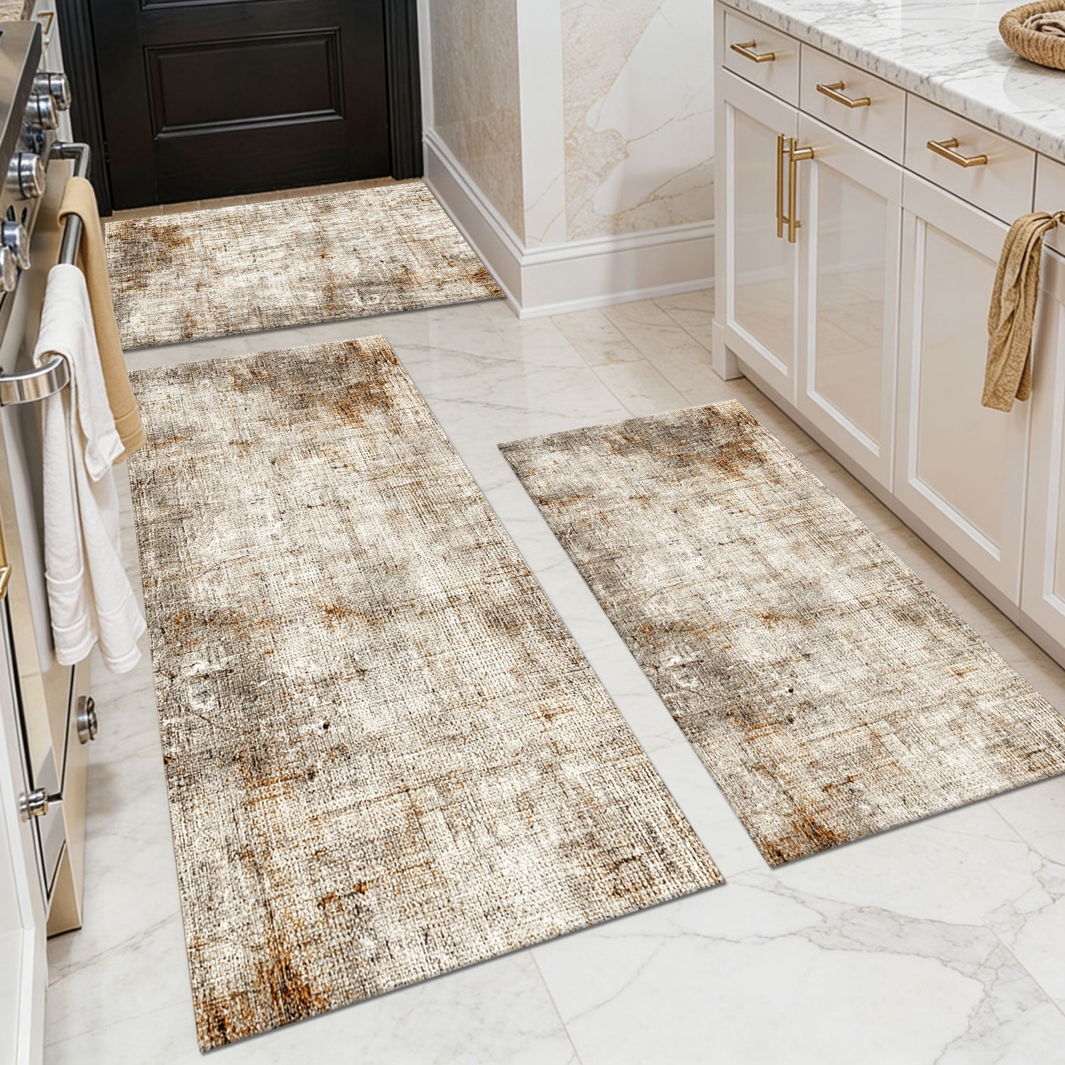 3-Piece Farmhouse Striped Kitchen Rug Set Anti-Slip Backing, Machine Washable Distressed Floor Mats for Kitchen Hallway Bathroom Laundry Room Christmas Decor