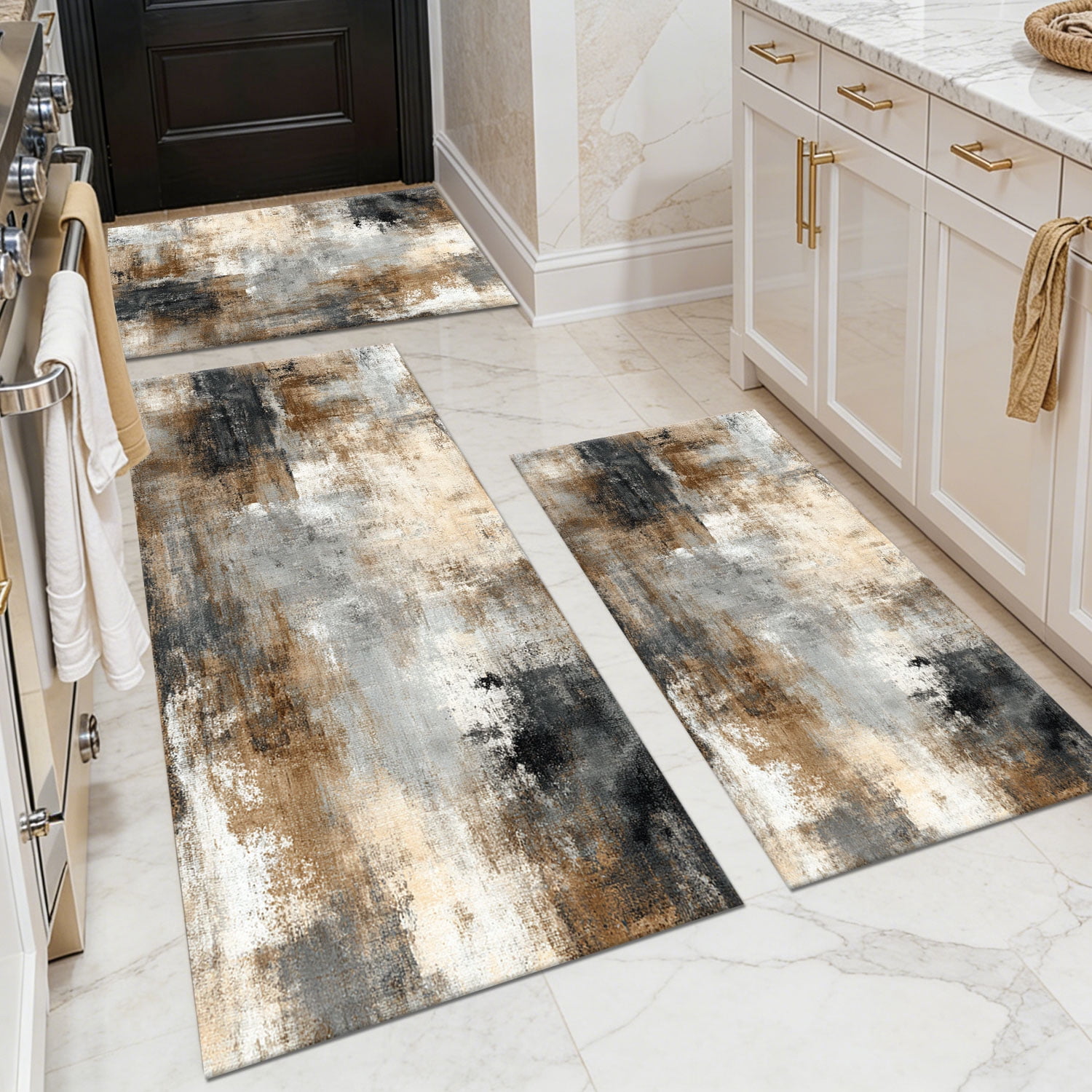 3-Piece Farmhouse Striped Kitchen Rug Set Anti-Slip Backing, Machine Washable Distressed Floor Mats for Kitchen Hallway Bathroom Laundry Room Christmas Decor