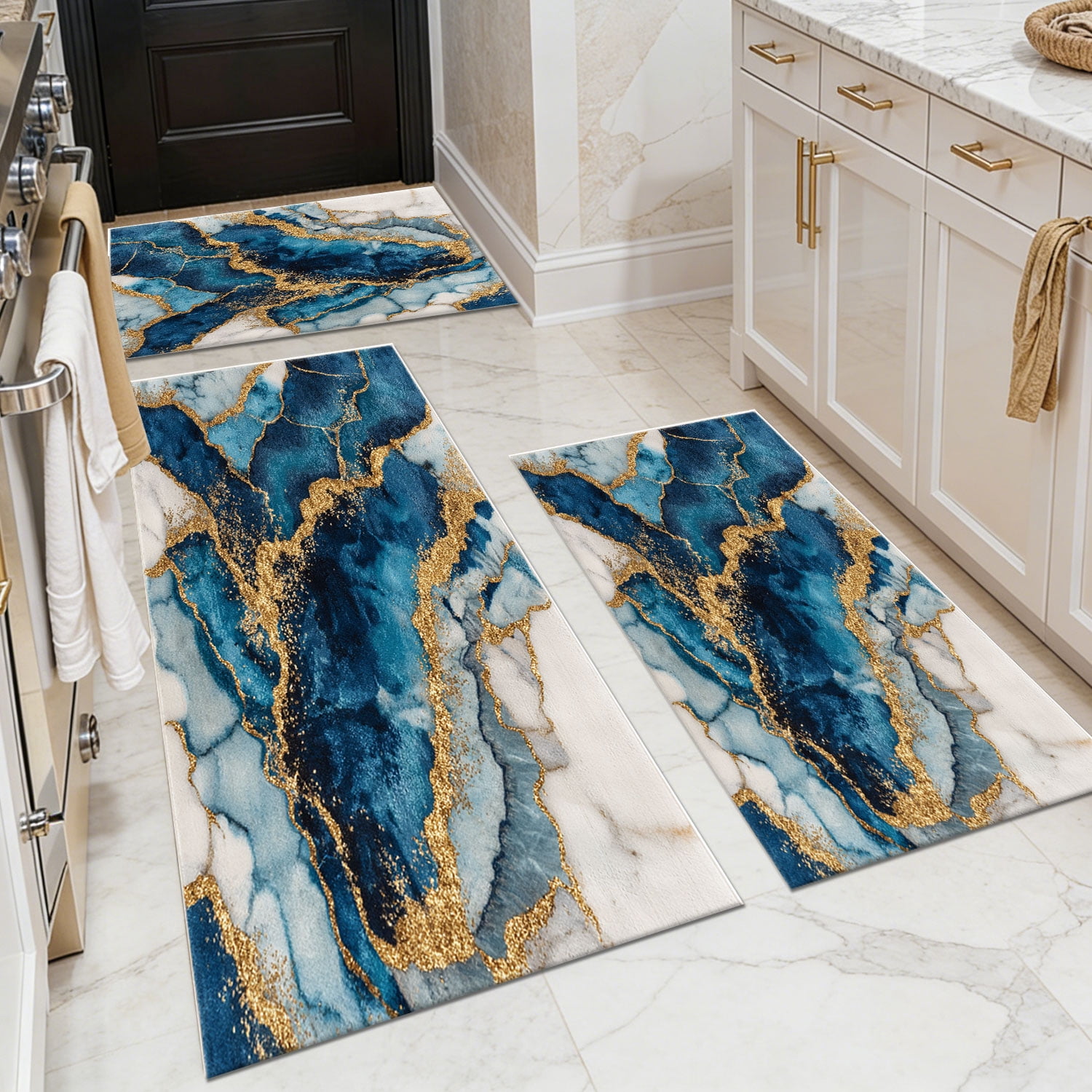 3-Piece Farmhouse Striped Kitchen Rug Set Anti-Slip Backing, Machine Washable Distressed Floor Mats for Kitchen Hallway Bathroom Laundry Room Christmas Decor
