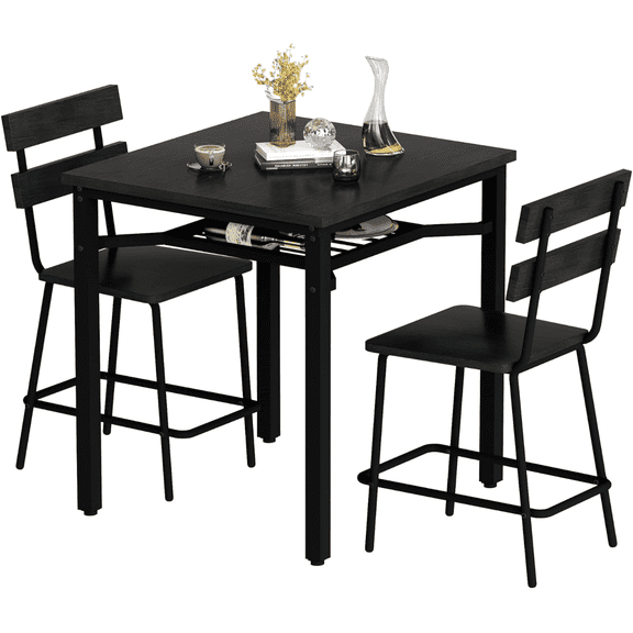 MOOSENG 3 Piece Farmhouse-Style Dining Table | Black Counter Height Kitchen Table & 2 Black Bar Stools | Hightop Bar Table and Chairs Set with Storage | Small Dinette Set for Pub, Dining Room