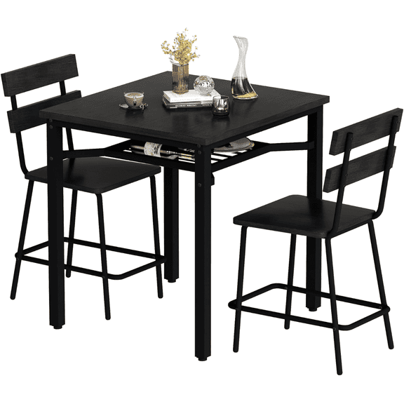 MOOSENG 3 Piece Farmhouse-Style Dining Table | Black Counter Height Kitchen Table & 2 Black Bar Stools | Hightop Bar Table and Chairs Set with Storage | Small Dinette Set for Pub, Dining Room