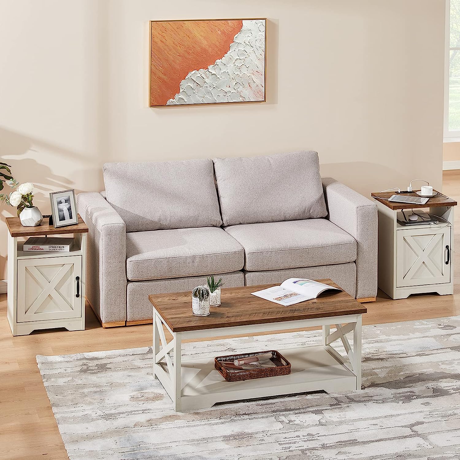 3Piece Farmhouse Table Set Includes Coffee Table& Two End Tables Side Table with Charging