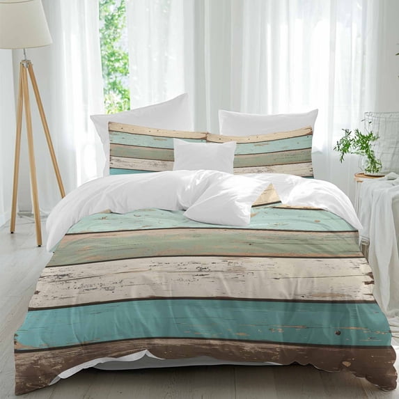 3 Piece Farmhouse Teal Brown Duvet Cover Set Twin Size, Microfiber Comforter/Quilt Cover with Corner Ties and 2 Pillowcases, Vintage Ombre Wooden All Season Soft Bedding with Zipper Closure