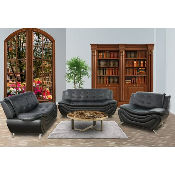 3 Piece Faux Leather Living Room Set, Black