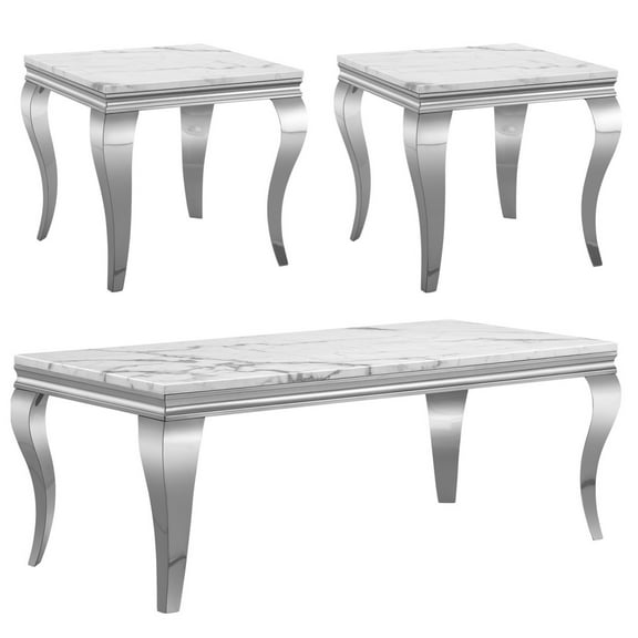3-Piece Faux Marble Coffee and End Table Set, Modern Faux Marble Top with Silver Stainless Steel S-Shaped Legs, for Living Room, Hallway, Bedroom