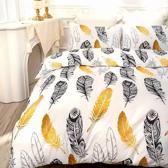 3-Piece Feather Print Duvet Cover Set - Soft and Elegant Bedding for a Cozy Bedroom
