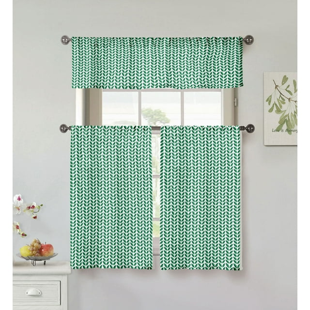3-Piece Filip Cotton Kitchen Curtain Set 56 in. W x 15 in. L in Green ...