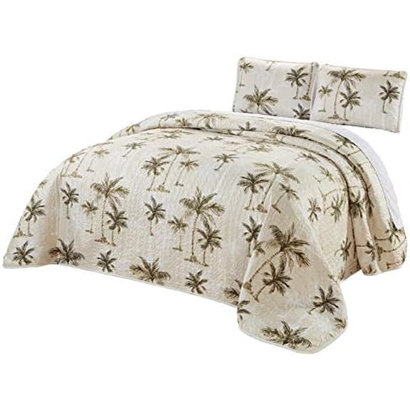 3-Piece Fine Printed Oversize (100" X 92") Tropical Palm Tree Queen Size Quilt Set Reversible Bedspread Coverlet Bed Cover (Beige, Sage Green, Brown)$$Home Decor, Kitchen, & Other