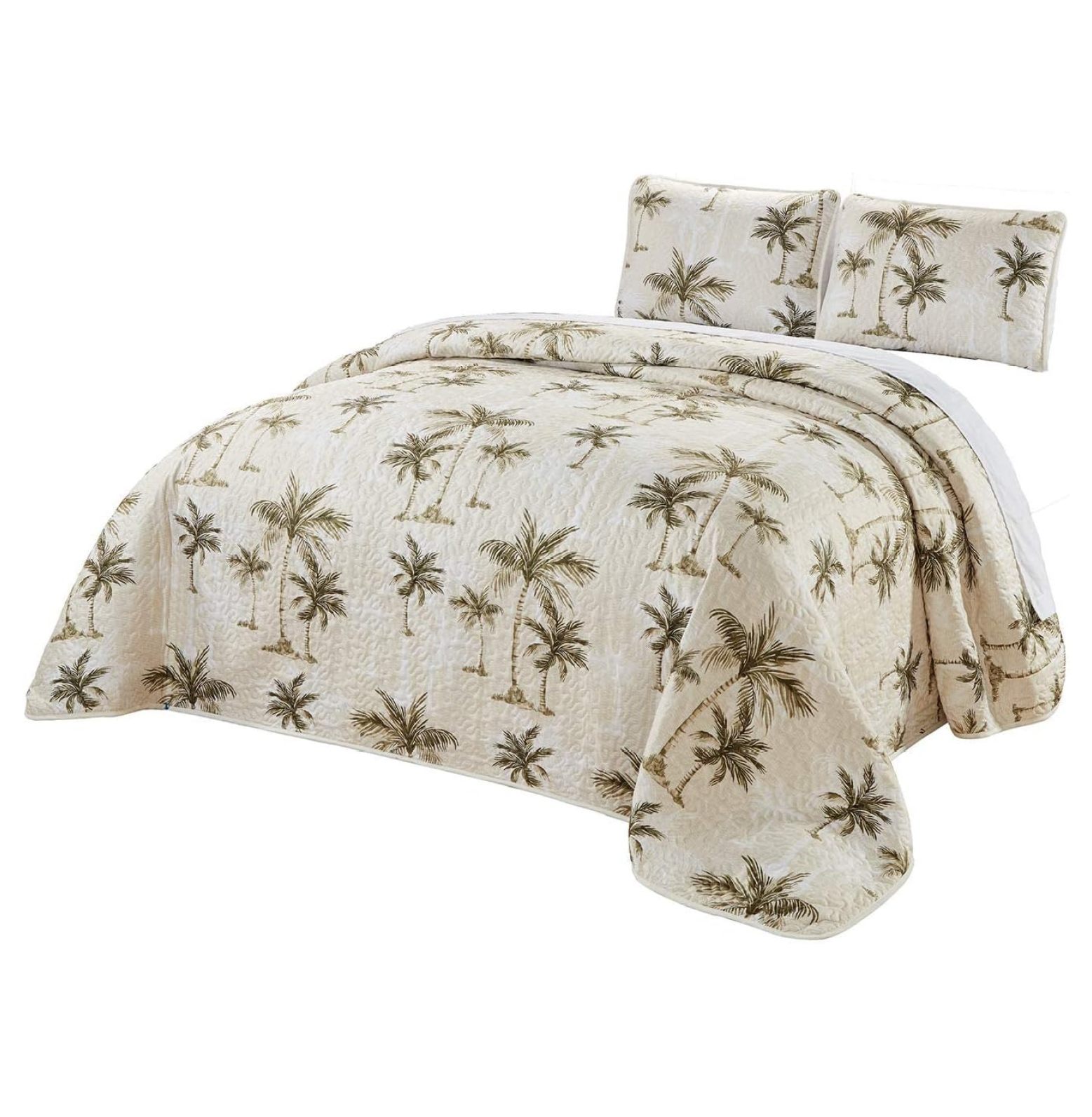 3Piece Fine Printed Oversize (118 X 95) Tropical Palm Tree Quilt Set