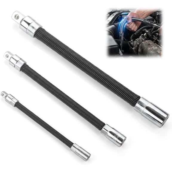 3-Piece Flexible Socket Extension Set, 1/4" 3/8" 1/2" Drive 6" 8" 10" Length, 45° Bend Shaft Extension Bar for Tight Spaces Automotive Repair Tool (Black)