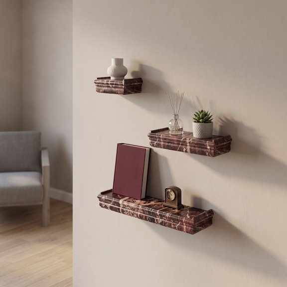 3-Piece Floating Wall Shelves Set, 17.91" MDF Wall Mount Shelves with Invisible Brackets, Brown Marble for Home Decor Storage
