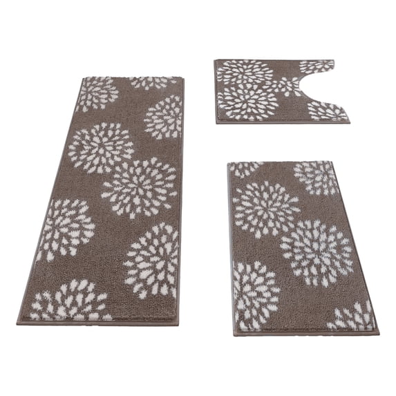 3-Piece Flocked Floral Bathroom Rug Set Soft Imitation Cottons Toilet Mat Set with U-Shape Mat Non-Slide Absorbent Bath Mats for Shower Floor Machines Washable