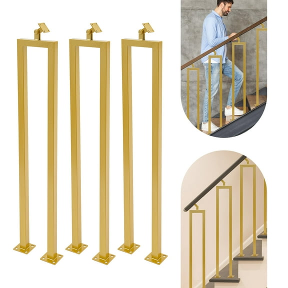3-Piece Floor Mounted Stair Railing, 36x8.5x2.4in Gold Sprayed Carbon Steel, 4-Inch Ball Test Certified, Square Base for Stability, Suitable for Villas, Offices, and Disabled Access