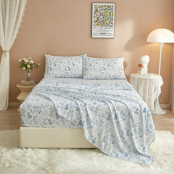 3 Piece Floral Bed Sheets Set Twin XL - Extra Soft Vintage Blue Floral Deep Pocket Cooling Microfiber Sheets