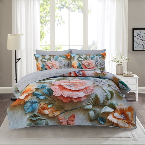 3-Piece Floral Bedspread Set, 3D Butterfly Flower Quilted Coverlet, Multicolored, Four sizes available,Twin\Full\Queen\King