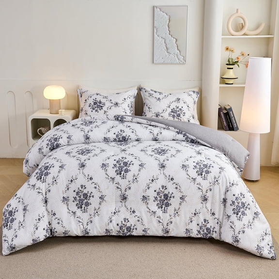 3-Piece Floral Comforter Set Queen Size, Purple White and Gray Vintage Botanical Style, Soft Microfiber All-Season Bedding for Adults & Teens