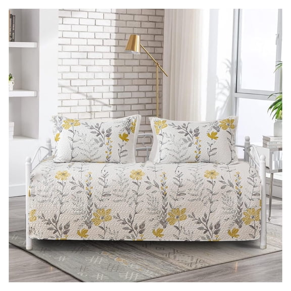 3-Piece Floral Daybed Cover Set, Patchwork Daybed Bedding Sets,Yellow Gray Floral Daybed Comforter for All Season, Bedding with Bedskirt Matching Shams,39"x75"