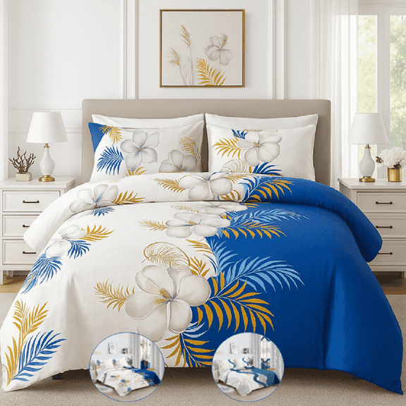 3-Piece Floral Duvet Cover Set, Blue, White