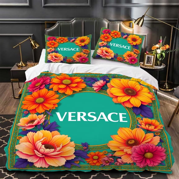 3-Piece Floral Duvet Cover Set - Teal Center with Vibrant Orange Pink & Purple Flowers - Modern Elegant Bedding