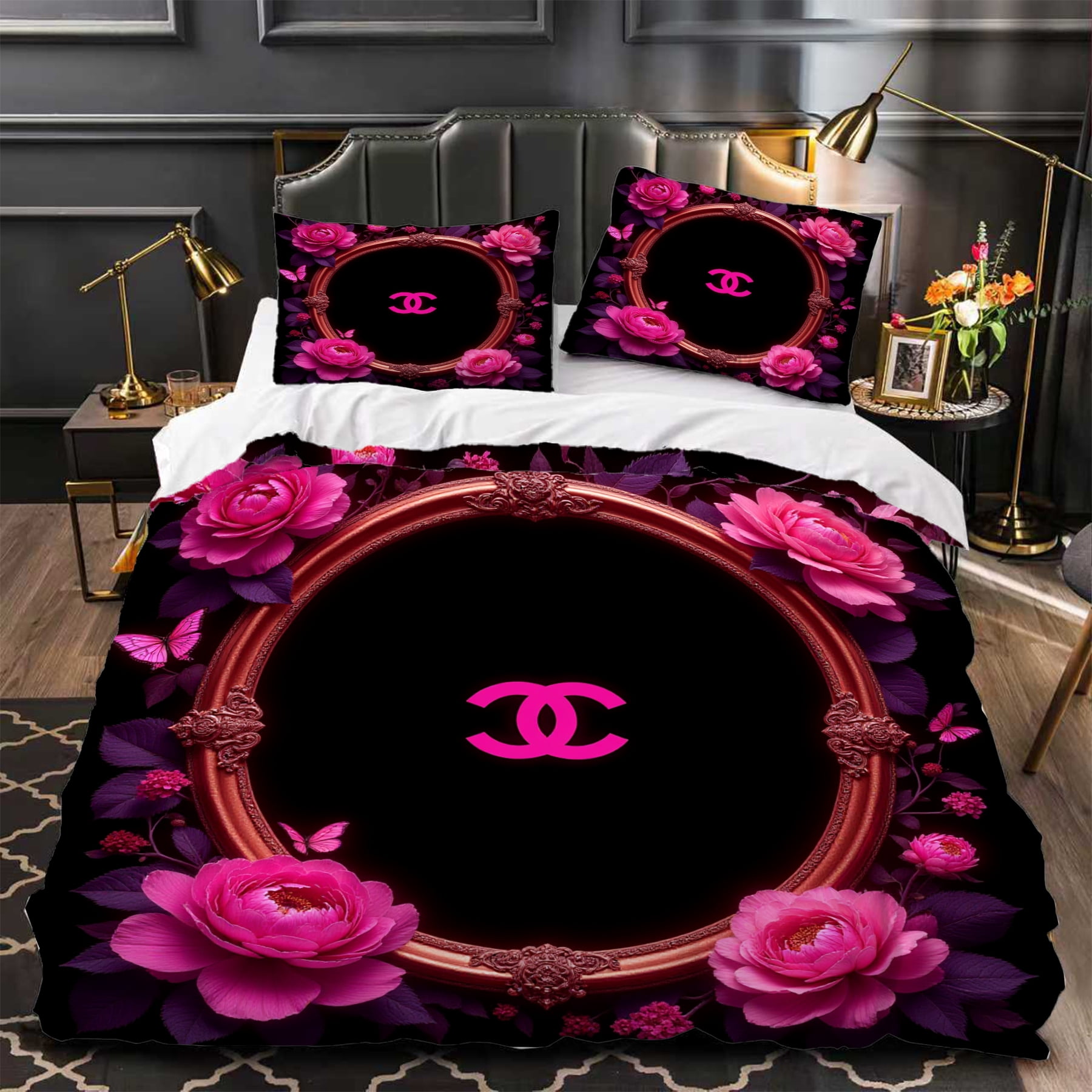 3-Piece Floral Duvet Cover Set - Vibrant Pink Flowers on Black ...