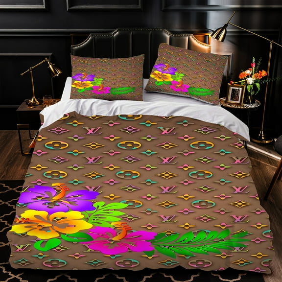 3-Piece Floral Duvet Cover Set - Vibrant Purple Yellow & Green Flowers on Brown Background with Diamond Pattern & Interlocking Design