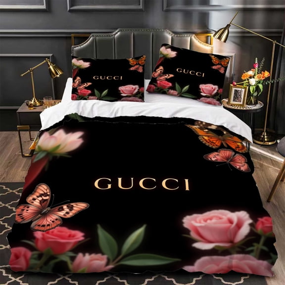 3-Piece Floral Duvet Cover Set with Pink Roses & Butterflies Gold Print Modern Bedding for Stylish Bedrooms