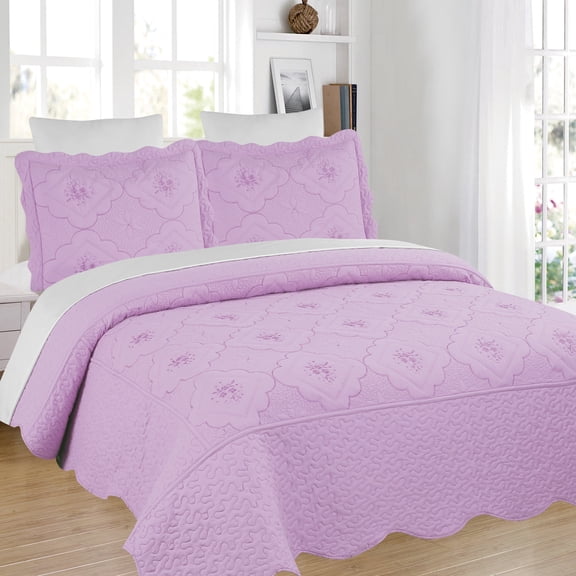 3 Piece Floral Embroidered Quilted Bedspread-Beautiful Stitching- Lightweight Bedspread Set Queen/King Size