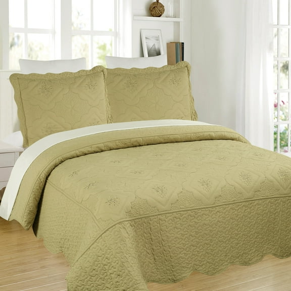 3 Piece Floral Embroidered Quilted Bedspread-Beautiful Stitching- Lightweight Bedspread Set Queen/King Size