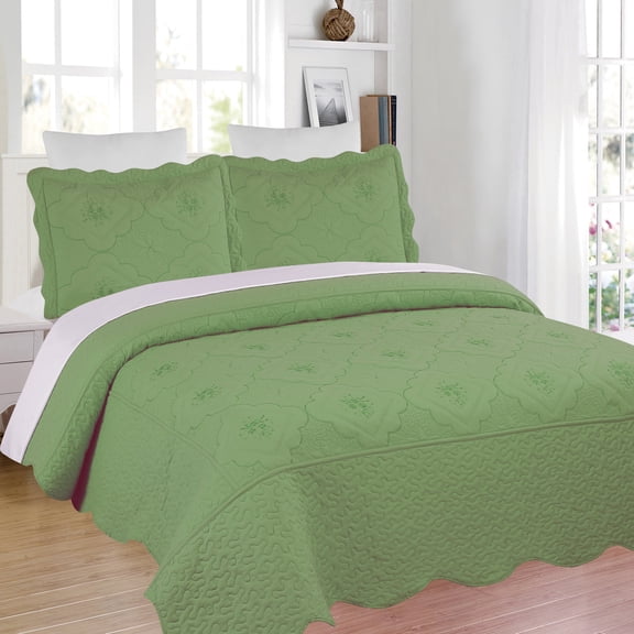 3 Piece Floral Embroidered Quilted Bedspread Set Queen/King Size,All Seasons Lightweight Bed Set Scallop Edges Covetlet with Pillow Sham