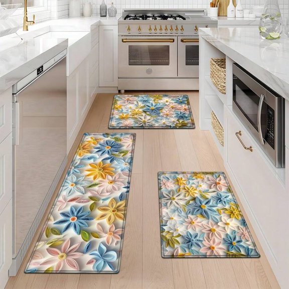 3-Piece Floral Floor Mat Set 40x60+50x80+45x120cm – Multicolor Spring Bloom Design, Non-Slip, Soft Flannel For Kitchen Entryway