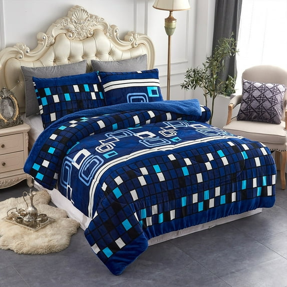 3-Piece Floral Printed Sherpa-Backing Reversible Comforter Set Geometric Blue King