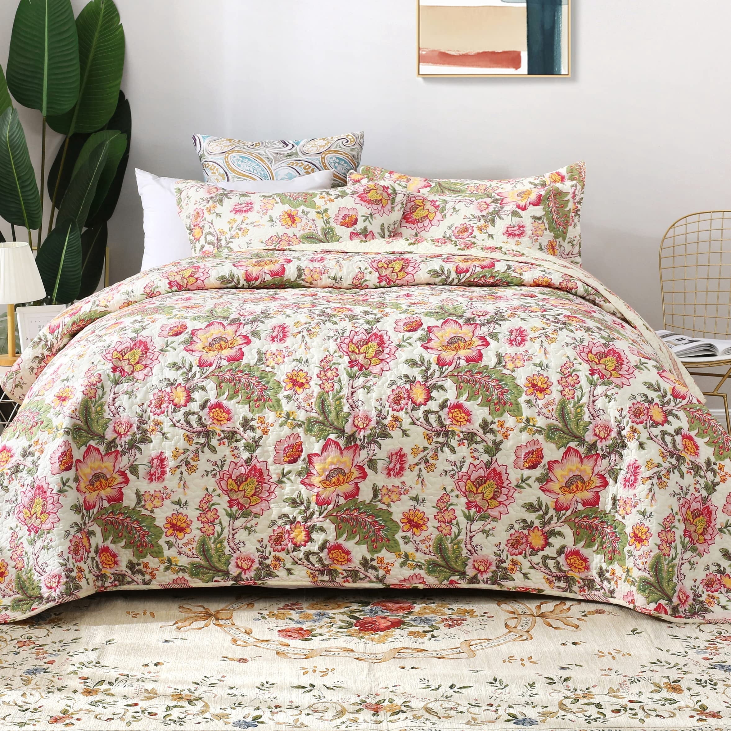 3 Piece Floral Quilt Sets King Size, Soft Lightweight Microfiber Bedspreads Reversible Coverlet