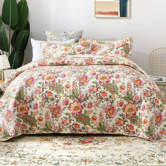 3 Piece Floral Quilt Sets Queen Size, Soft Lightweight Microfiber Bedspreads Reversible Coverlet