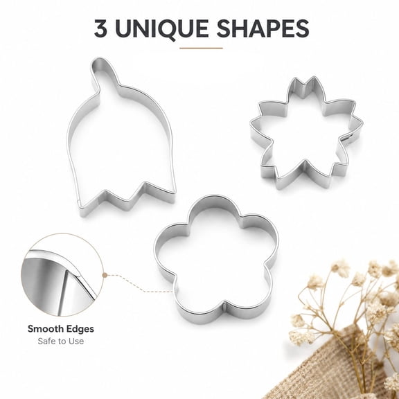 3 Piece Flower Cookie Cutter Set, Stainless Steel Floral Biscuit Molds for Spring Baking, Blossom Fondant Molds, Cake Decorating, Mother's Day Garden Theme Pastry