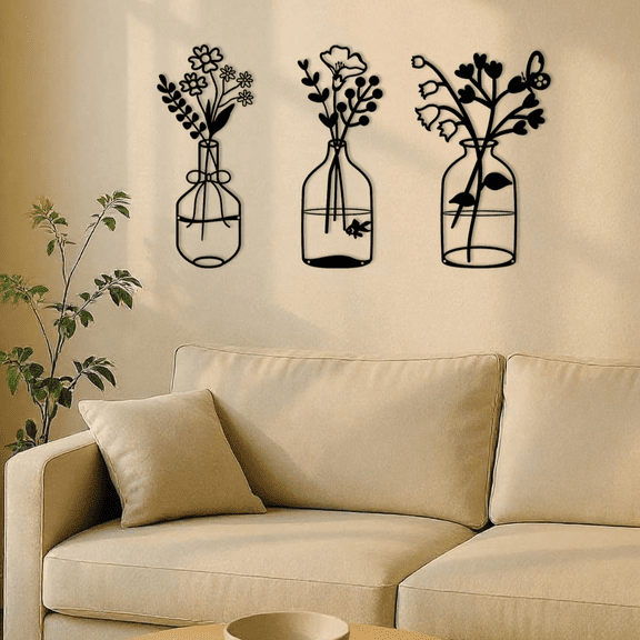 "3-Piece Flower Metal Wall Art Set - Boho Chic Home Decor for Living Room, Bedroom Dining Room Cafe & Office - Vintage Botanical Wall Hanging Housewarming Gift Wedding, Birthday Graduation Presentha