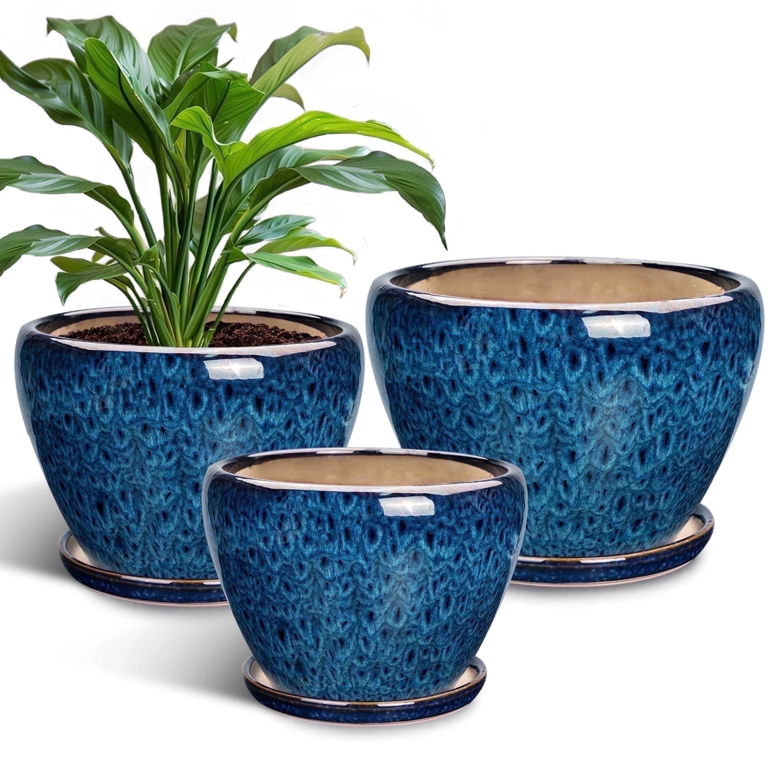 Ceramic Plant Pots ,10+8+6 inch Modern Large Flower Planters for Plants with Drainage & Saucer for Orchids & Succulents Housewarming Gift for Women, Set of 3 Blue-Glaze