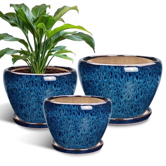 Ceramic Plant Pots ,10+8+6 inch Modern Large Flower Planters for Plants with Drainage & Saucer for Orchids & Succulents Housewarming Gift for Women, Set of 3 Blue-Glaze