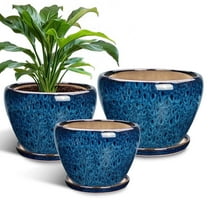 Ceramic Plant Pots ,10 8 6 inch Modern Large Flower Planters for Plants with Drainage & Saucer for Orchids & Succulents Housewarming Gift for Women, Set of 3 Blue-Glaze
