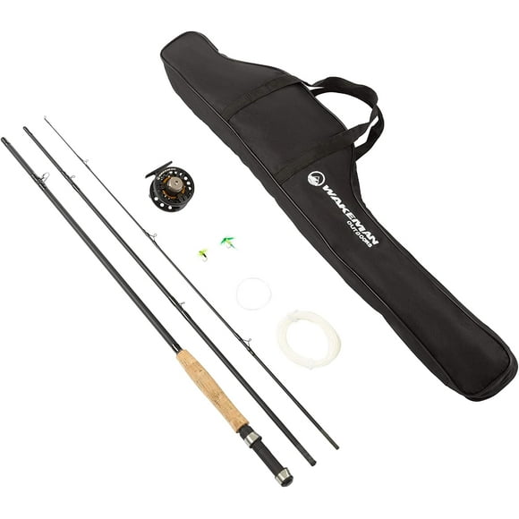 3-Piece Fly Fishing Rod and Reel Combo Starter Kit - 97-Inch Collapsible Fiberglass and Cork Fishing Pole with Case and Accessories by Wakeman (Black)