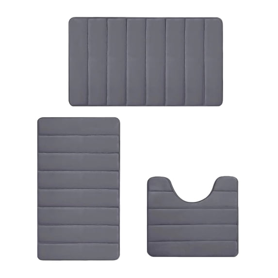 3-Piece Foam Bath Mat Set 16x24 - Non-Slip Velvet Bathroom Rugs, Soft Plush Absorbent Toilet Mats, Machine Washable Thick Floor Rug for Shower, Dark Gray