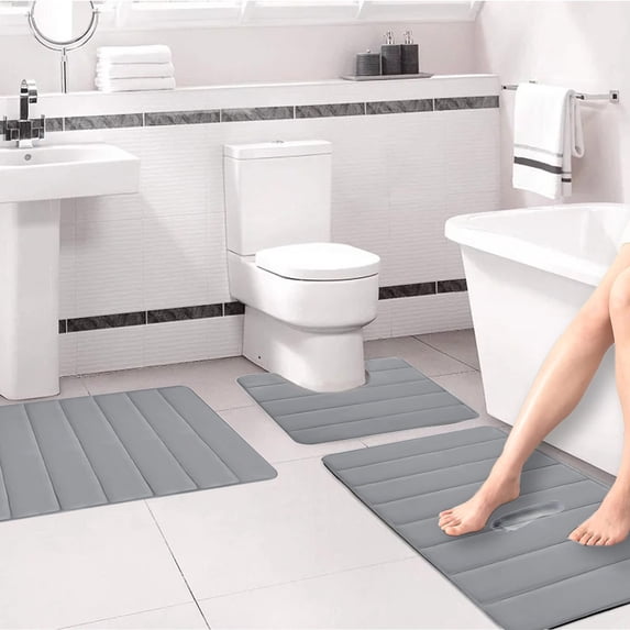 3-Piece Foam Bath Mat Set- Non-Slip Velvet Bathroom Rugs, Soft Plush Absorbent Toilet Mats, Machine Washable Thick Floor Rug for Shower