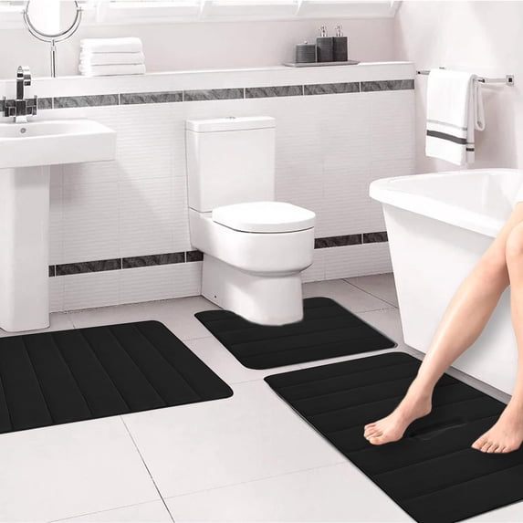 3-Piece Foam Bath Mat Set- Non-Slip Velvet Bathroom Rugs, Soft Plush Absorbent Toilet Mats, Machine Washable Thick Floor Rug for Shower
