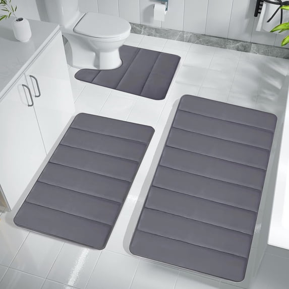 3-Piece Foam Bath Mat Set with Non-Slip Rubber Backing for Bathroom Floor, Sizes 40x60 cm, 40x50 cm, 38x42 cm, Ultra-Soft Velvet Fleece Material, Water Absorbent and Machine Washable