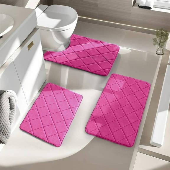3-Piece Foam Bath Mat Set | Soft Velvet Fleece & Rubber Non-Slip Backing | Machine Washable Quick-Dry Bathroom Rugs | 16x24in, 16x20in, 15x17in | Gray, Khaki, Dark Gray, Blue, Green, Pink, Red
