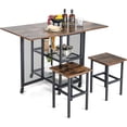 thumbnail image 1 of 3-Piece Foldable Dining Table Set, Drop Leaf Expandable Dining Table & 2 Stools Set w/Lockable Wheels & 2 Mesh Storage Shelves, Space-Saving Dining Room Kitchen Set for Small Place, 1 of 5